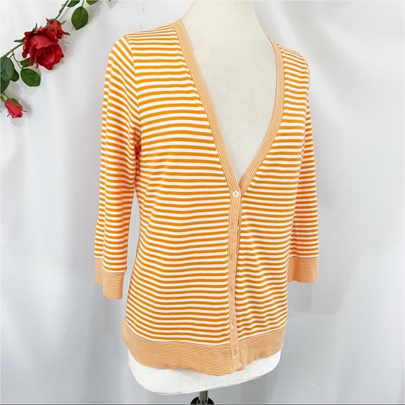 Lands' End Sweaters - 💋3/$20💋 Lands’ End Striped Cardigan Orange White Stripe Knit Sweater Cardigan